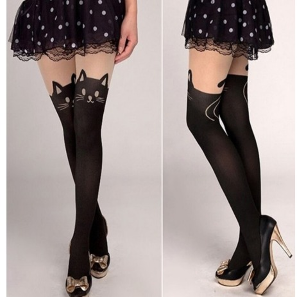 MEDIAS LISAS DISEÑO GATITO NEGRAS UNITALLA