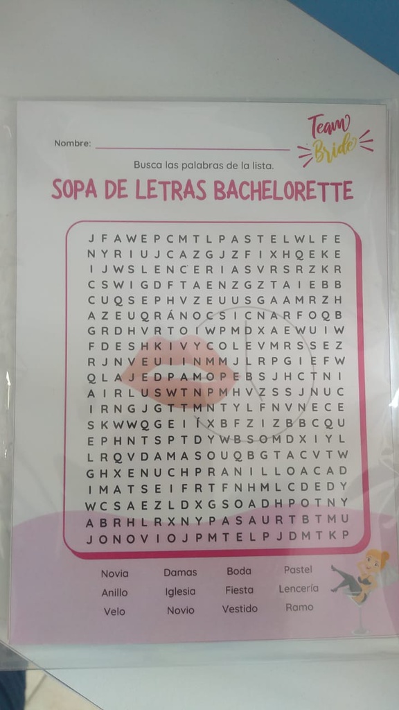 JUEGO DESPEDIDA SOLTERA SOPA LETRAS P/10 PERSONAS MT